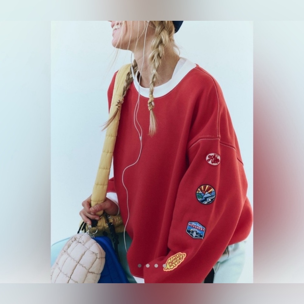 NWOT Free People FP Movement All Star Patch Pullover - red patch combo - XS - Picture 2 of 9